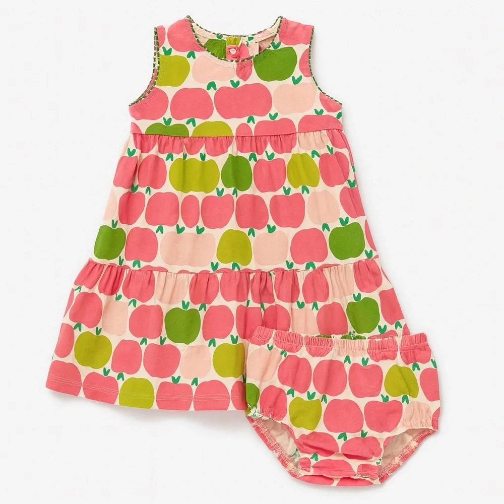 Mini Boden vintage Apple Print Dress and Bloomers Set stitching detail vintage